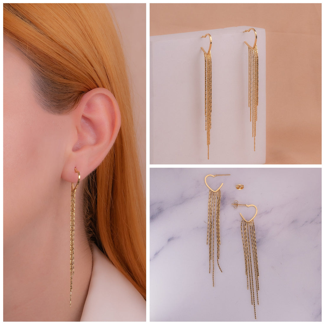 Aretes Corazones Lazos Dorados  Ref: B2543