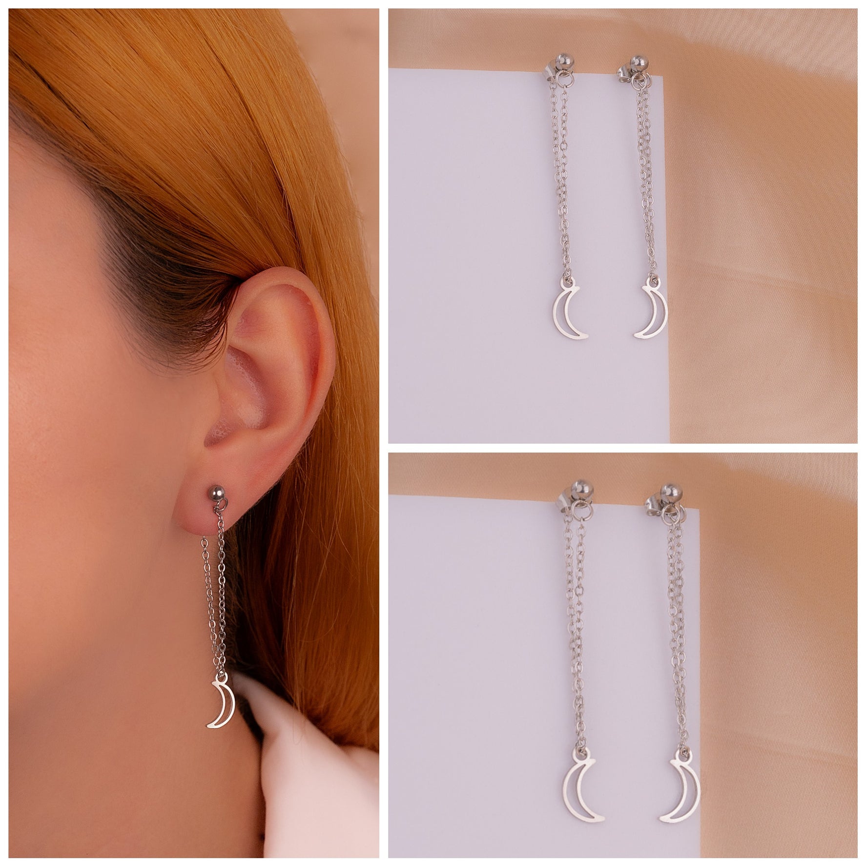 Aretes Lunas Cadenas Plateados Ref:B265