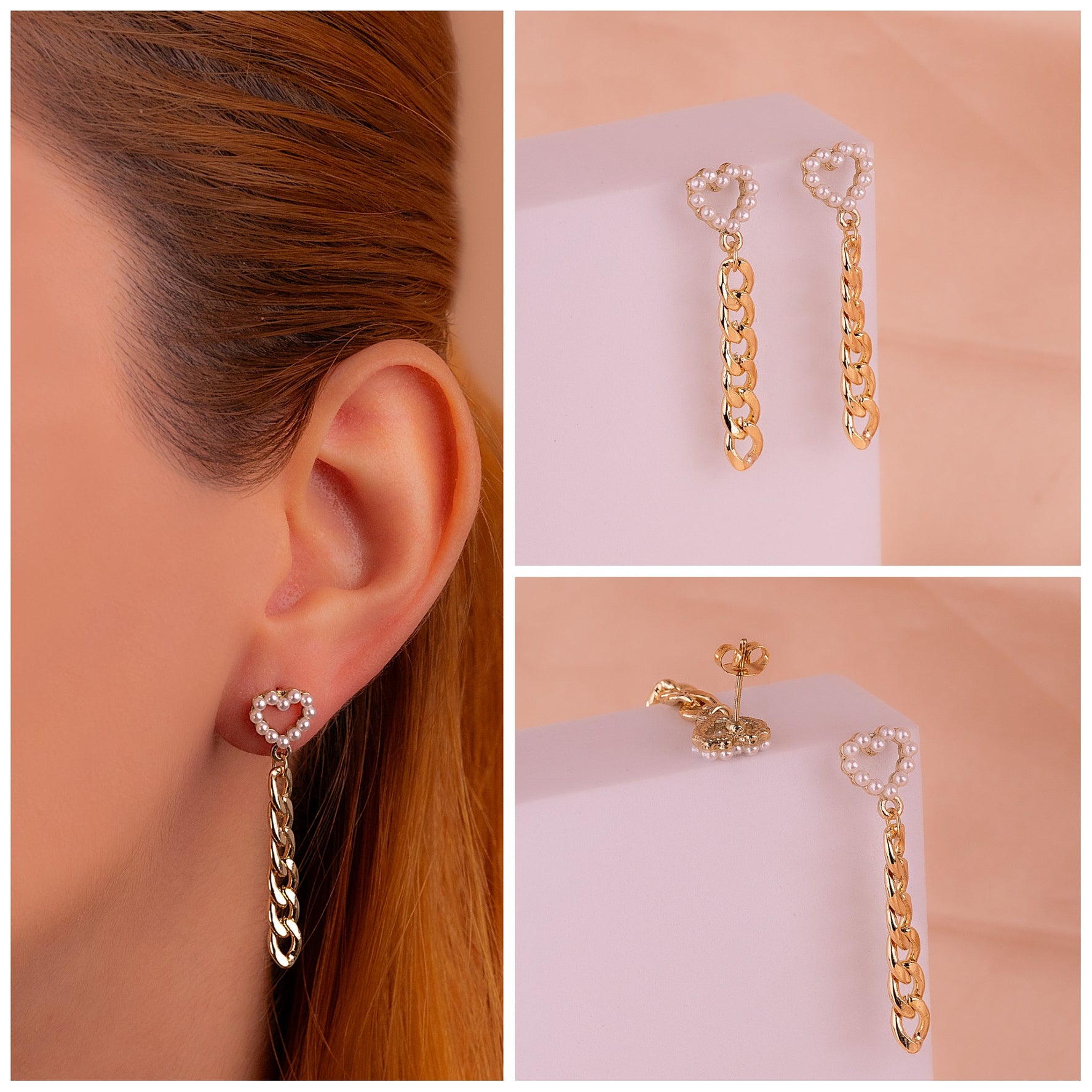 Aretes Corazones Perlas Cadenas Ref: B3121