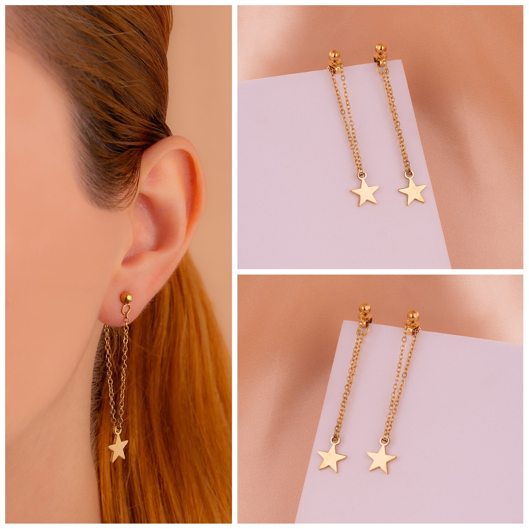 Aretes Estrellas Cadenas Dorados Ref:B666