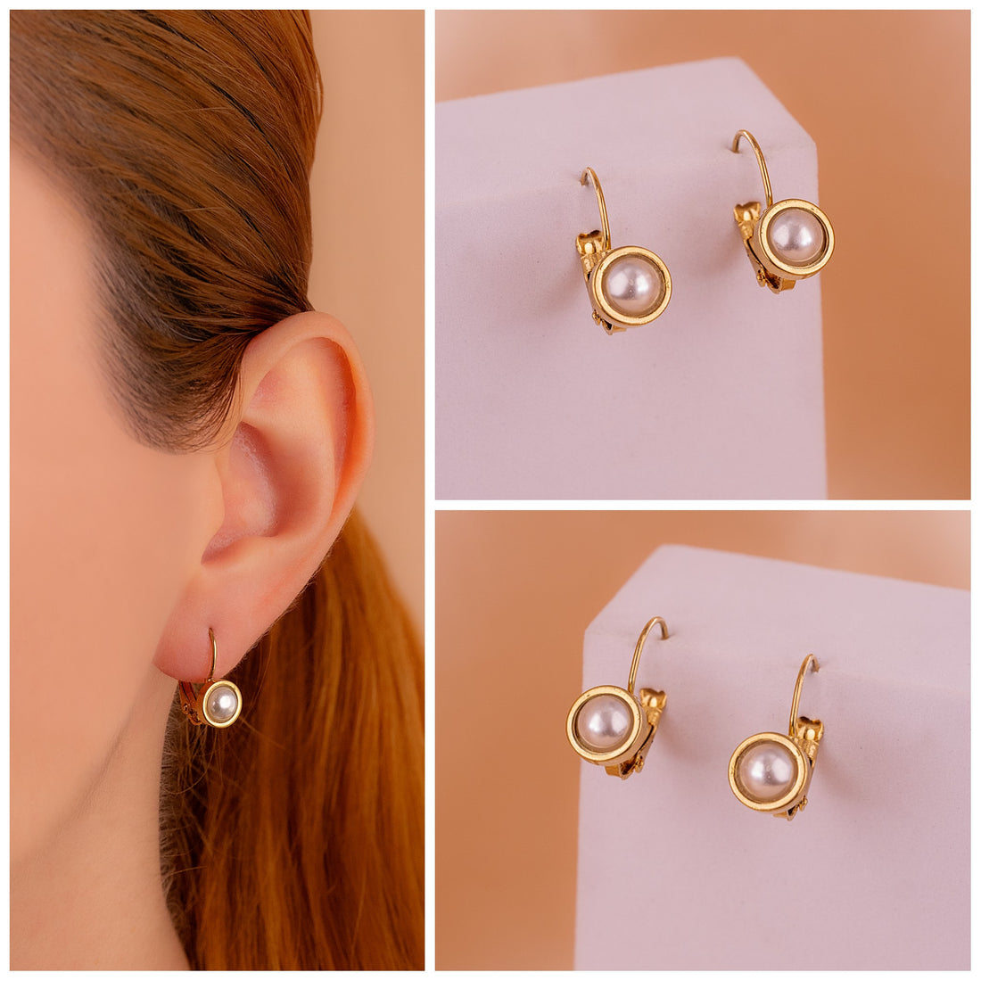 Aretes Perlas Gancho Dorados Ref:B230