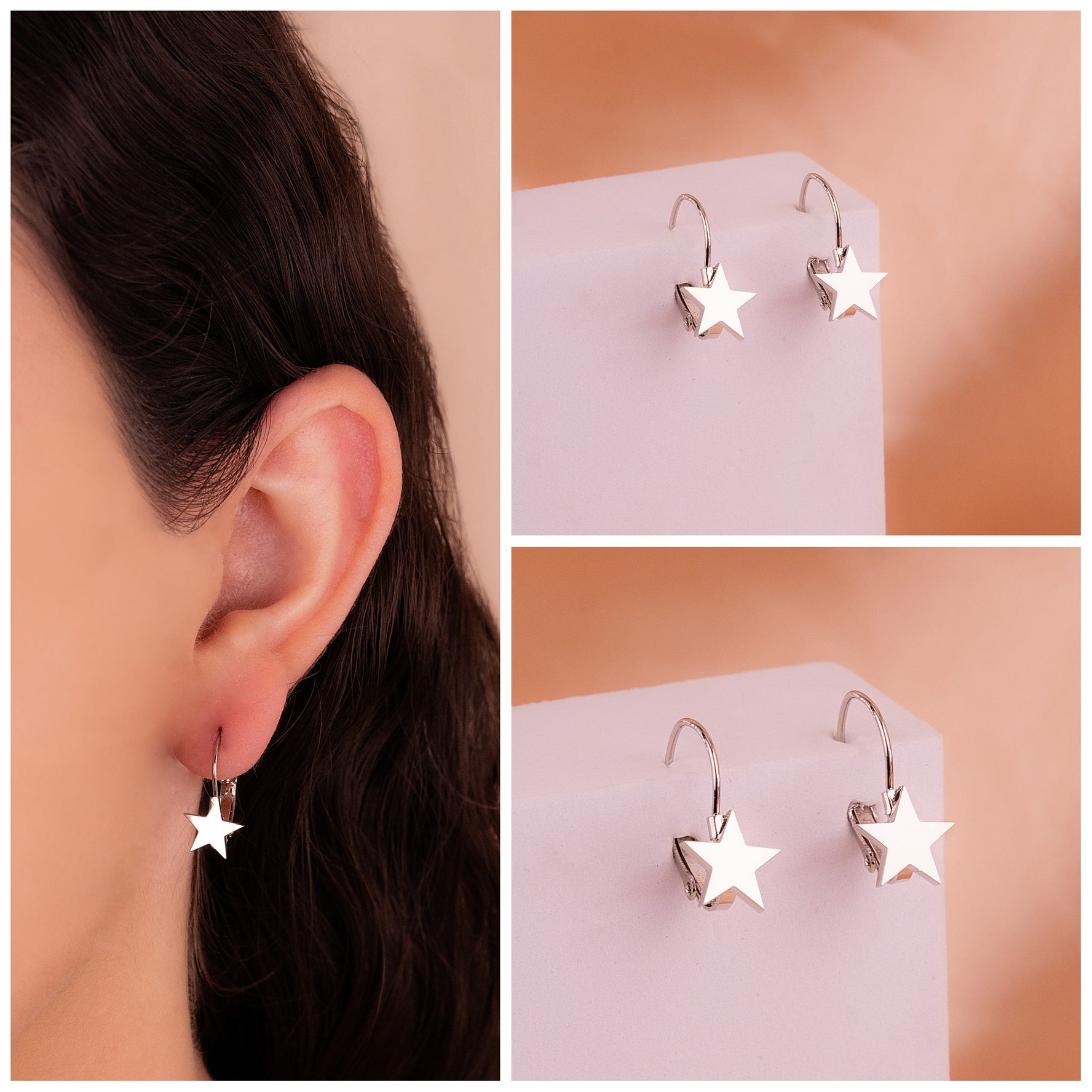 Aretes Estrellas Gancho Plateados Ref: B343