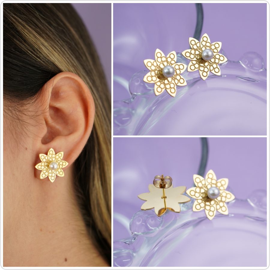 Aretes Flor Perla Grabados 2596: Ref